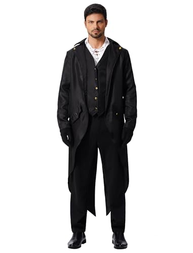 EFOGEP Herren Steampunk Vintage Frack: Prinz Langarm Button Down Jacke Gothic Viktorianisch Gehrenkleid Uniform Mittelalterlich Gothic Smoking Renaissance Pirat Halloween Kost�m Schwarz 3XL von EFOGEP