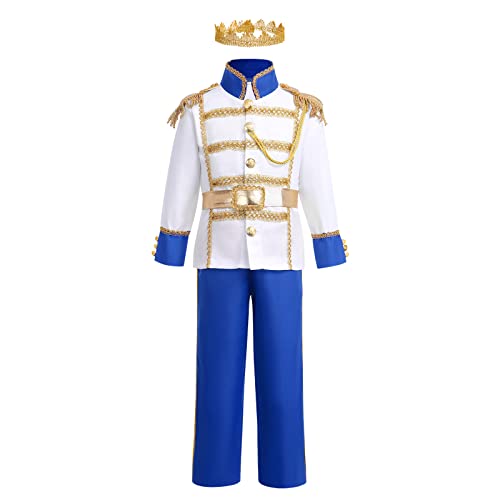 EFOGEP Jungen Prinz Charming Kost�m: Kind mittelalterlichen k�niglichen Prinz Cosplay Halloween Karneval lange �rmel Jacke Hose Krone G�rtel Dress Up Rollenspiel Kleidung K�nigs Blau 4PCS 10-12 Jahre von EFOGEP