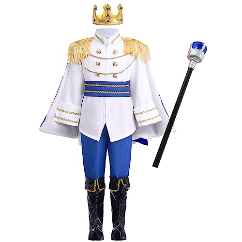 EFOGEP Jungen Prinz Charming Kost�m: Kind mittelalterlichen k�niglichen Prinz Cosplay Halloween Karneval lange �rmel Jacke Hose Krone G�rtel Fancy Dress Up Party Kleidung Wei�+Blau 7PCS 9-10 Jahre von EFOGEP