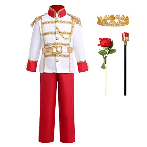 EFOGEP Jungen Prinz Charming Kost�m: Kind mittelalterlichen k�niglichen Prinz Cosplay Halloween lange �rmel Jacke Hose Krone G�rtel Fancy Dress Up Party Rollenspiel Kleidung Rot 6PCS 8-10 Jahre von EFOGEP