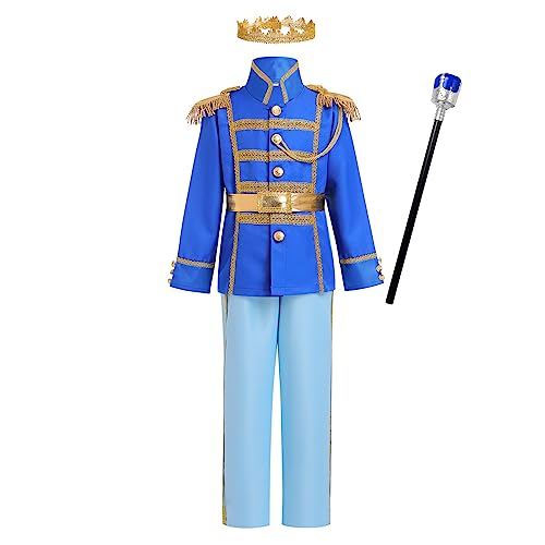 EFOGEP Jungen Prinz Charming Kost�m: Kind mittelalterlichen k�niglichen Cosplay Halloween Karneval lange �rmel Jacke Hose Krone G�rtel Dress Up Party Kleidung K�nigsblau+Hellblau 5PCS 10-12 Jahre von EFOGEP