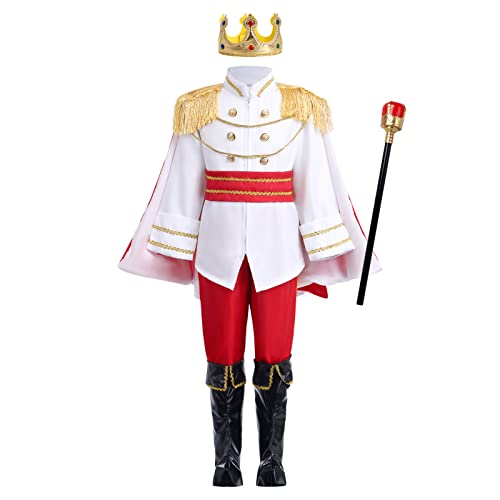 EFOGEP Jungen Prinz Charming Kostüm: Kind mittelalterlichen königlichen Cosplay Halloween Karneval lange Ärmel Jacke Hose Krone Gürtel Fancy Dress Up Party Rollenspiel Kleidung Weiß 7PCS 7-8 Jahre von EFOGEP