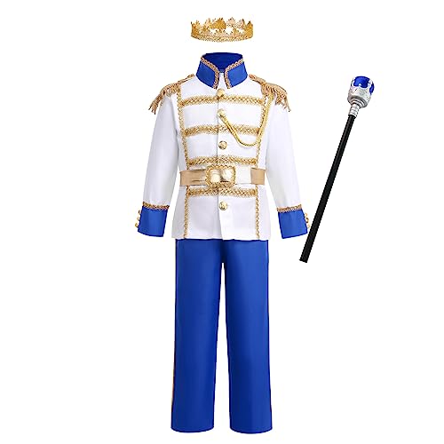 EFOGEP Jungen Prinz Charming Kost�m: Kind mittelalterlichen k�niglichen Prinz Cosplay Halloween Karneval lange �rmel Jacke Hose Krone G�rtel Fancy Dress Up Party Kleidung K�nigs Blau 5PCS 10-12 Jahre von EFOGEP