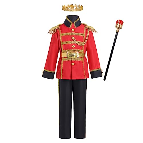 EFOGEP Jungen Prinz Charming Kost�m: Kind mittelalterlichen k�niglichen Prinz Cosplay Halloween Karneval lange �rmel Jacke Hose Krone G�rtel Fancy Dress Up Party Kleidung Rot+Schwarz 5PCS 10-12 Jahre von EFOGEP