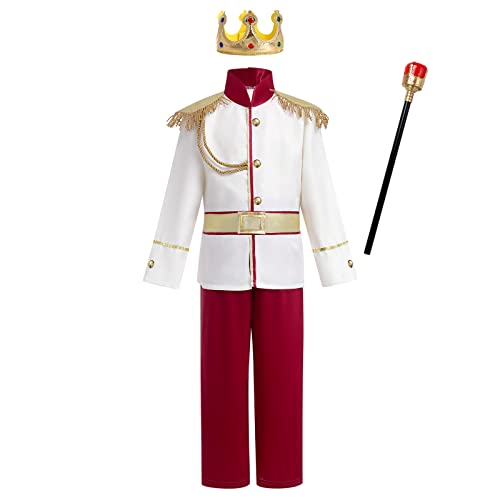 EFOGEP Jungen Prinz Charming Kost�m: Kind mittelalterlichen k�niglichen Prinz Cosplay Halloween Karneval lange �rmel Jacke Hose Krone G�rtel Fancy Dress Up Party Kleidung Wei�+Rot 5PCS 11-14 Jahre von EFOGEP