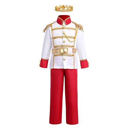 EFOGEP Jungen Prinz Charming Kost�m: Kind mittelalterlichen k�niglichen Prinz Cosplay Halloween lange �rmel Jacke Hose Krone G�rtel Dress Up Party Rollenspiel Kleidung Wei�+Rot 4PCS 10-12 Jahre von EFOGEP