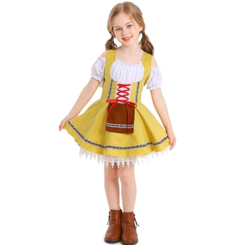 EFOGEP Kinder Oktoberfest Kost�m f�r M�dchen: Dirndlkleider Kurzarm R�schenkleid Traditionell Bayerisch Schottenkaro Maid Kleid Festival Karneval Outfits Halloween Dress UP Clothes Gelb 10-12 Jahre von EFOGEP