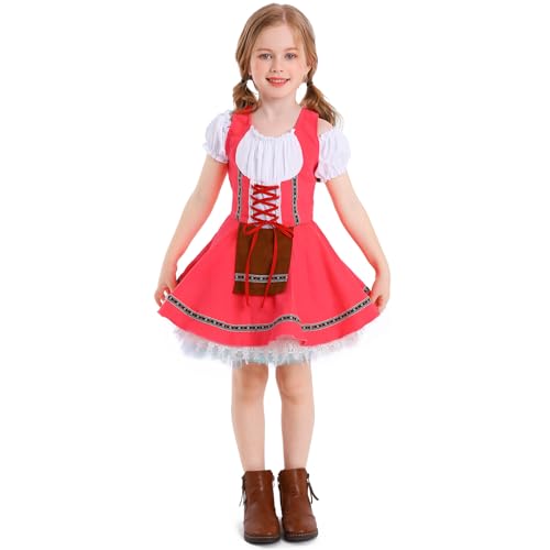 EFOGEP Kinder Oktoberfest Kost�m f�r M�dchen: Dirndlkleider Kurzarm R�schenkleid Traditionell Bayerisch Schottenkaro Maid Kleid Festival Karneval Outfits Halloween Dress UP Clothes Rosa 10-12 Jahre von EFOGEP