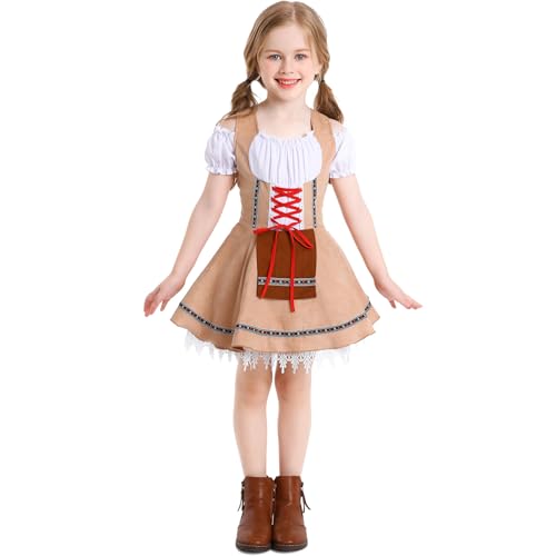 EFOGEP Kinder Oktoberfest Kost�m f�r M�dchen: Dirndlkleider Kurzarm R�schenkleid Traditionell Bayerisch Schottenkaro Maid Kleid Karneval Outfits Halloween Dress UP Clothes Hellbraun 14-16 Jahre von EFOGEP