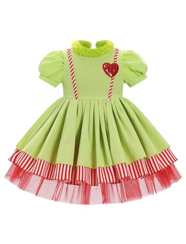 EFOGEP Kleinkind Baby Mädchen Weihnachten Kleid: Prinzessin kurze Puffärmel Tutu Kleid Halloween Cosplay Kostüm Mock Hals Herz drucken Xmas Urlaub Geburtstag Party Rüschen Tüll Kleid Grün 12-18 Monate von EFOGEP