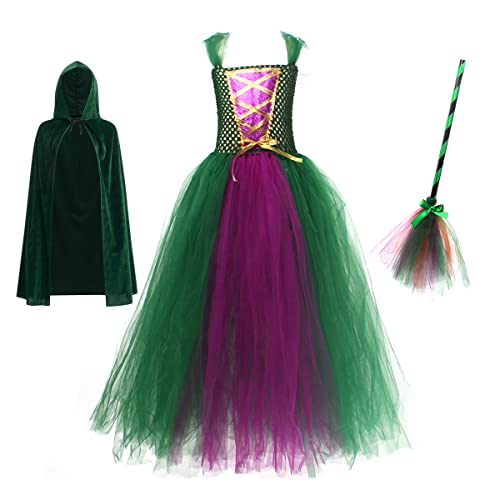 EFOGEP Kleinkind Hexe Kostüm: Kinder Halloween-Kostüme für Mädchen Quadrat Hals Prinzessin lange Tüll Tutu Kleid mit Zauberer Hut Besen Mantel Cosplay Karneval Dress Up Kleider Grün 3PCS 6-7 Jahre von EFOGEP