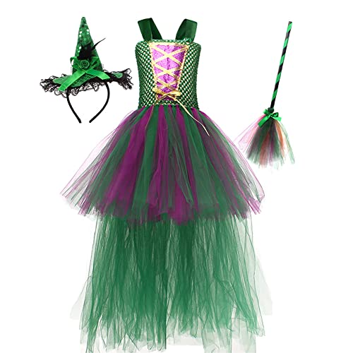 EFOGEP Kleinkind Hexe Kostüm: Kinder Halloween-Kostüme für Mädchen Quadrat Hals Prinzessin lange Tüll Tutu Kleid mit Zauberer Hut Besen Mantel Cosplay Karneval Fancy Dress Up Kleider Grün 10-12 Jahre von EFOGEP