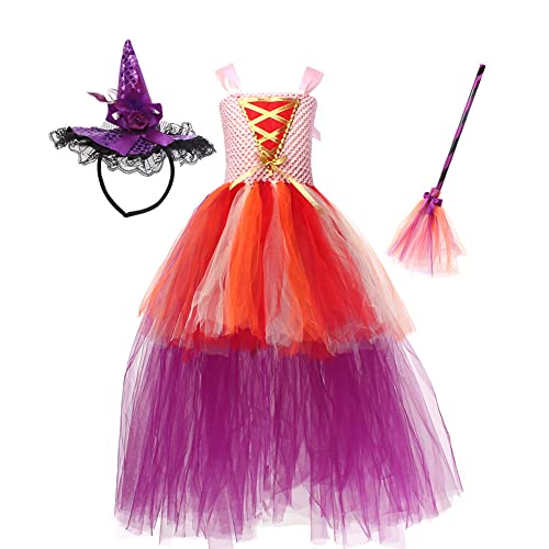 EFOGEP Kleinkind Hexe Kostüm: Kinder Halloween-Kostüme für Mädchen Quadrat Hals Prinzessin lange Tüll Tutu Kleid mit Zauberer Hut Besen Mantel Cosplay Karneval Fancy Dress Up Kleider Rosa 10-12 Jahre von EFOGEP