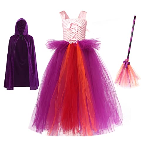 EFOGEP Kleinkind Hexe Kostüm: Kinder Halloween-Kostüme für Mädchen Quadrat Hals Prinzessin lange Tüll Tutu Kleid mit Zauberer Hut Besen Mantel Cosplay Set Fancy Dress Up Kleider Lila 3PCS 2-3 Jahre von EFOGEP