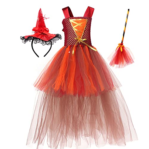 EFOGEP Kleinkind Hexe Kostüm: Kinder Halloween-Kostüme für Mädchen Quadrat Hals Prinzessin lange Tüll Tutu Kleid mit Zauberer Hut Besen Mantel Cosplay Set Karneval Dress Up Kleider Orange 10-12 Jahre von EFOGEP