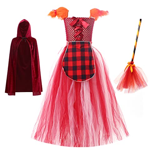 EFOGEP Kleinkind Hexe Kostüm: Kinder Halloween-Kostüme für Mädchen Quadrat Hals Prinzessin lange Tüll Tutu Kleid mit Zauberer Hut Besen Mantel Cosplay Set Karneval Dress Up Kleider Rot 3PCS 2-3 Jahre von EFOGEP