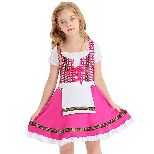 EFOGEP Kleinkind M�dchen Bayerisches Oktoberfest Kost�m: Dirndl Bier Kost�m Schn�rung Tr�ger R�schen Kleid Halloween Traditionelles Fest Karneval Maid Cosplay Kleid Kinder Hei�es Rosa 10-12 Jahre von EFOGEP