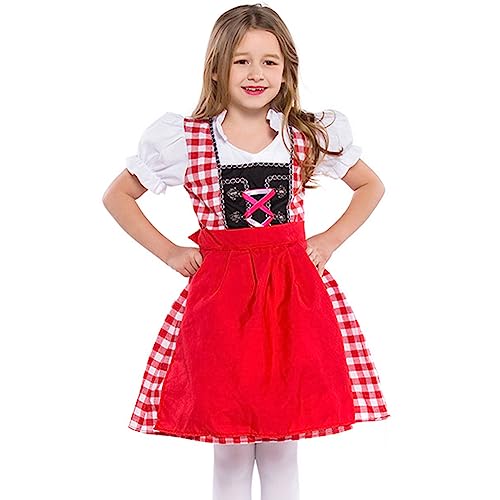 EFOGEP Kleinkind M�dchen Bayerisches Oktoberfest Kost�m: Dirndl Bier Kost�m Schn�rung Tr�ger R�schen Kleid Halloween Traditionelles Fest Karneval Maid Cosplay Kleid Kinder Rot Kariert 3-4 Jahre von EFOGEP