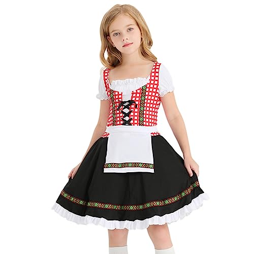 EFOGEP Kleinkind M�dchen Bayerisches Oktoberfest Kost�m: Dirndl Bier Kost�m Schn�rung Tr�ger R�schen Kleid Halloween Traditionelles Fest Karneval Maid Cosplay Kleid Kinder Schwarz & Rot 10-12 Jahre von EFOGEP