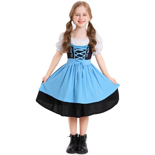 EFOGEP Kleinkind M�dchen Dirndl Oktoberfest Kost�m f�r Kinder Traditionelle Bayerische Bier Party Karneval Festival Outfit Halloween Cosplay Dress Up Kleider Blau 10-12 Jahre von EFOGEP