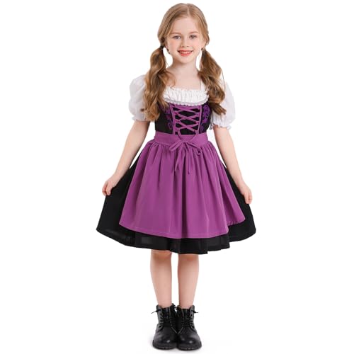 EFOGEP Kleinkind M�dchen Dirndl Oktoberfest Kost�m f�r Kinder Traditionelle Bayerische Bier Party Karneval Festival Outfit Halloween Cosplay Dress Up Kleider Lila 10-12 Jahre von EFOGEP