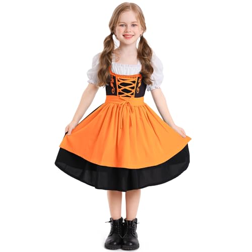 EFOGEP Kleinkind M�dchen Dirndl Oktoberfest Kost�m f�r Kinder Traditionelle Bayerische Bier Party Karneval Festival Outfit Halloween Cosplay Dress Up Kleider Orange 10-12 Jahre von EFOGEP