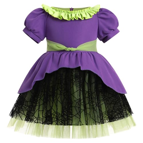 EFOGEP Kleinkind Mädchen Halloween-Kostüm: Schwarz und weiß gestreift Silber Ruffle Tüll Kleid Bowknot Herz drucken kurze Puffärmel Geburtstag Party Cosplay Fancy Dress Up Outfit Lila 18-24 Monate von EFOGEP