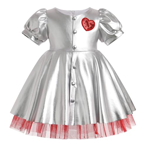 EFOGEP Mädchen Halloween-Kostüm: Prinzessin schwarz und weiß gestreift Silber Ruffle Tüll Kleid Bowknot Herz drucken kurze Puffärmel Geburtstag Party Cosplay Fancy Dress Up Outfit Silber 12-18 Monate von EFOGEP