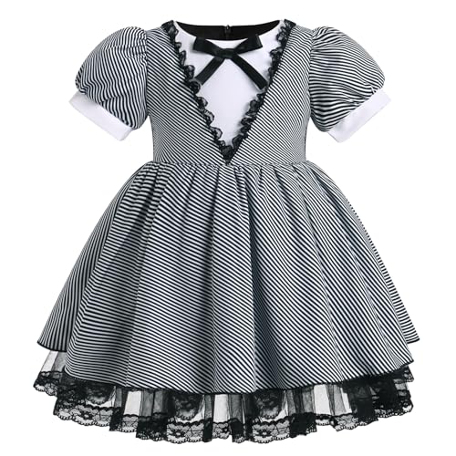 EFOGEP Mädchen Halloween-Kostüm: Schwarz und weiß gestreift Silber Ruffle Tüll Kleid Bowknot Herz drucken kurze Puffärmel Geburtstag Party Cosplay Fancy Dress Up Outfit Schwarzer Streifen 12-18 Monate von EFOGEP