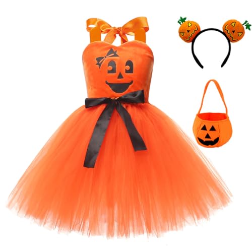 EFOGEP Mädchen Halloween Kürbis Kostüm: Kinder Prinzessin Rüschen Tüll Tutu Kleid Urlaub Kürbis Themed Party Cosplay Weihnachten Dress Up Outfits mit Stirnband und Taschen 3PCS Set Orange 10-12 Jahre von EFOGEP