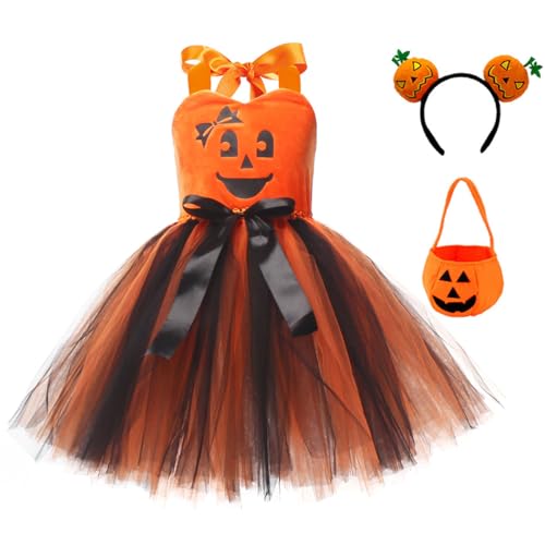 EFOGEP Mädchen Halloween Kürbis Kostüm: Kinder Prinzessin Rüschen Tüll Tutu Kleid Urlaub Kürbis Themed Party Cosplay Weihnachten Dress Up Outfits mit Stirnband und Taschen Schwarz Orange 10-12 Jahre von EFOGEP