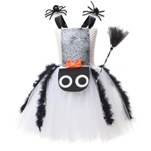 EFOGEP Mädchen Halloween Spinne Hexe Kostüm Prinzessin ärmellos Verstellbare Spaghetti Riemen Rüschen Tüll Tutu Kleid gruselig Cosplay Geburtstag Party Fancy Festival Dress Up Clothes Weiß 10-12 Jahre von EFOGEP