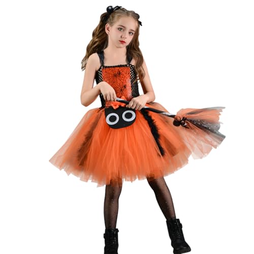 EFOGEP Mädchen Halloween Spinne Hexe Kostüm Prinzessin ärmellos Verstellbare Spaghetti Riemen Rüschen Tüll Tutu Kleid gruselig Cosplay Geburtstag Party Festival Dress Up Clothes Orange 10-12 Jahre von EFOGEP