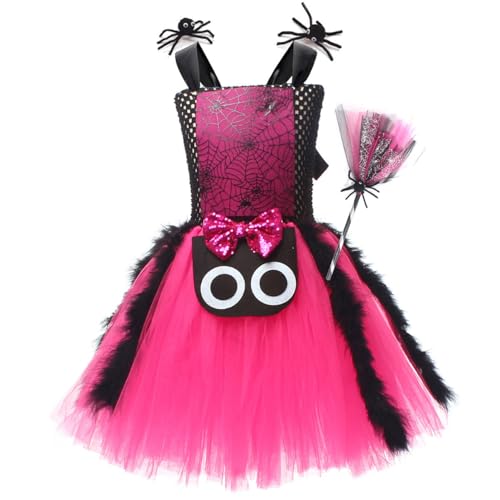 EFOGEP Mädchen Halloween Spinne Hexe Kostüm ärmellos Verstellbare Spaghetti Riemen Rüschen Tüll Tutu Kleid gruselig Cosplay Geburtstag Party Fancy Festival Dress Up Clothes Heißes Rosa 10-12 Jahre von EFOGEP