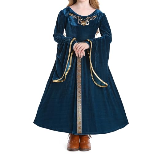 EFOGEP Mädchen Mittelalterliche Prinzessin Kostüm: Renaissance Samtkleid mit Gürtel Königliches Hofkleid Königin Vintage Halloween Cosplay Karneval Fancy Dress Up World Book Day Dunkel Blau 5-6 Jahre von EFOGEP