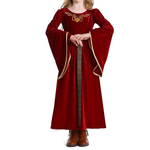 EFOGEP Mädchen Mittelalterliche Prinzessin Kostüm: Renaissance Samtkleid mit Gürtel Königliches Hofkleid Königin Vintage Halloween Cosplay Karneval Performance Fancy Dress Up Rot 5-6 Jahre von EFOGEP