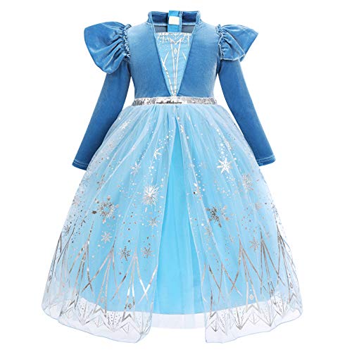 EFOGEP Prinzessin Kostüm für Mädchen Halloween Weihnachten Dress Up Langarm Samt Kleid Pailletten Schneeflocken Rüschen Tüll Tutu Kleid Karneval Geburtstag Party Cosplay Blau & Schneeflocken 4-5 Jahre von EFOGEP