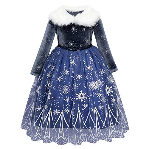 EFOGEP Prinzessin Kostüm für Mädchen Halloween Weihnachten Fancy Dress Up Langarm Samt Kleid Pailletten Schneeflocken Rüschen Tüll Tutu Kleid Karneval Geburtstag Party Cosplay Dunkel Blau 3-4 Jahre von EFOGEP