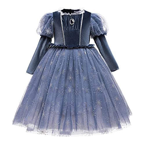 EFOGEP Prinzessin Kostüm für Mädchen Halloween Weihnachten Fancy Dress Up Langarm Samt Kleid Pailletten Schneeflocken Rüschen Tüll Tutu Kleid Karneval Geburtstag Party Cosplay Marine Blau 3-4 Jahre von EFOGEP