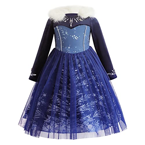 EFOGEP Prinzessin Kostüm für Mädchen Kleinkind Halloween Weihnachten Dress Up Langarm Samt Kleid Pailletten Schneeflocken Rüschen Tüll Tutu Kleid Karneval Geburtstag Party Cosplay Tiefblau 4-5 Jahre von EFOGEP