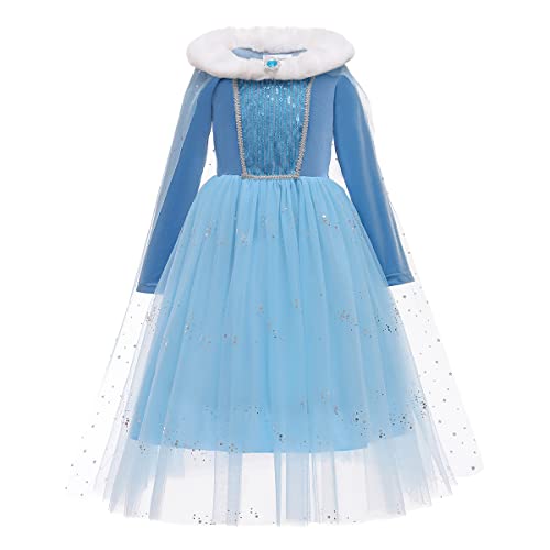 EFOGEP Prinzessin Kostüm für Mädchen Kleinkind Halloween Weihnachten Fancy Dress Up Langarm Samt Kleid Pailletten Schneeflocken Rüschen Tüll Tutu Kleid Geburtstag Party Cosplay Hellblau 11-12 Jahre von EFOGEP