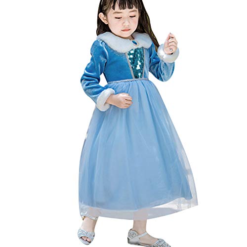 EFOGEP Prinzessin Kostüm für Mädchen Kleinkind Halloween Weihnachten Fancy Dress Up Langarm Samt Kleid Pailletten Schneeflocken Rüschen Tüll Tutu Kleid Karneval Geburtstag Party Cosplay Blau 3-4 Jahre von EFOGEP