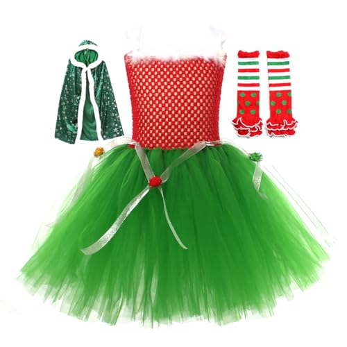 EFOGEP Weihnachten Weihnachtsmann Kostüm für Mädchen: Kinder ärmelloses Rüschen Tüll Tutu Kleid mit Beinwärmer und Mantel 3PCS Fancy Dress Up Xmas Urlaub Cosplay Outfits Rot+Grün 3PCS 10-12 Jahre von EFOGEP