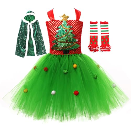 EFOGEP Weihnachten Weihnachtsmann Kostüm für Mädchen: Kinder ärmelloses Rüschen Tüll Tutu Kleid mit Beinwärmer und Mantel 3PCS Fancy Dress Up Xmas Urlaub Party Cosplay Outfits Grün 3PCS 10-12 Jahre von EFOGEP