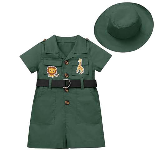 EFOGEP Wild One Geburtstagsdekorationen: Baby Jungen Mädchen Safari Explorer Kostüm Kurzarm Einteiler Strampler Overall mit Gürtel und Hut 2 Stück Froest Adventure Zoo Keeper Outfit Grün 0-6 Monate von EFOGEP