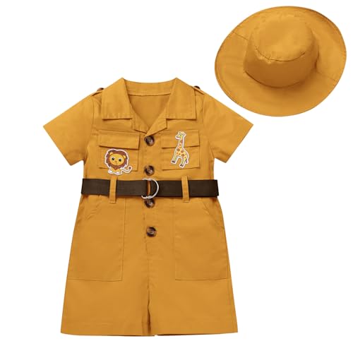 EFOGEP Wild One Geburtstagsdekorationen: Baby Jungen Mädchen Safari Explorer Kostüm Kurzarm Strampler Overall mit Gürtel Hut 2 Stück Kuchen Smash Kleidung Froest Abenteuer Zoo Keeper Outfit Gelb 12-18 von EFOGEP