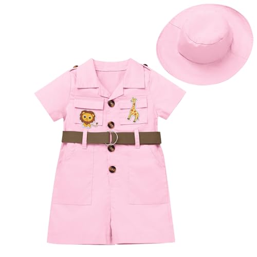 EFOGEP Wild One Geburtstagsdekorationen: Baby Jungen Mädchen Safari Explorer Kostüm Kurzarm Strampler Overall mit Gürtel Hut 2PCS Cake Smash Kleidung Froest Adventure Zoo Keeper Outfit Rosa 6-12 von EFOGEP