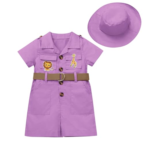 EFOGEP Wilde ein Geburtstag Dekorationen: Baby jungen M�dchen Safari Explorer Kost�m kurze �rmel Strampler Overall mit G�rtel+Hut 2PCS Cake Smash Froest Abenteuer Zoo Keeper Outfit Lila 0-6 Monate von EFOGEP