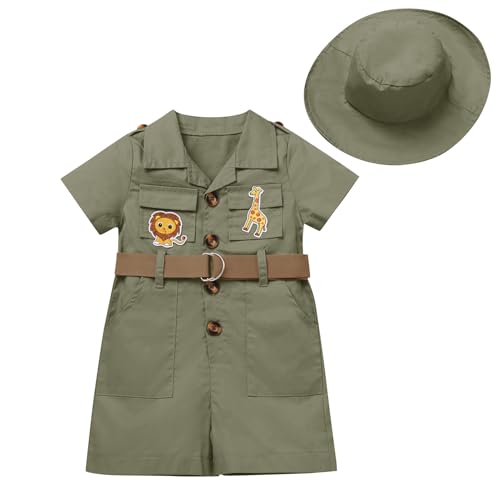 EFOGEP Wilde ein Geburtstag Dekorationen: Baby jungen M�dchen Safari Explorer Kost�m kurze �rmel Strampler Overall mit G�rtel und Hut 2PCS Froest Abenteuer Zoo Keeper Outfit Armee Gr�n 12-18 Monate von EFOGEP