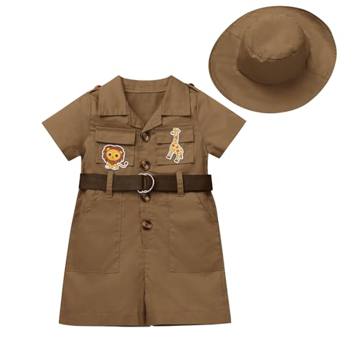 EFOGEP Wilde ein Geburtstag Dekorationen: Baby jungen M�dchen Safari Explorer Kost�m kurze �rmel Strampler Overall mit G�rtel und Hut 2PCS Froest Abenteuer Zoo Keeper Outfit Braun 0-6 Monate von EFOGEP